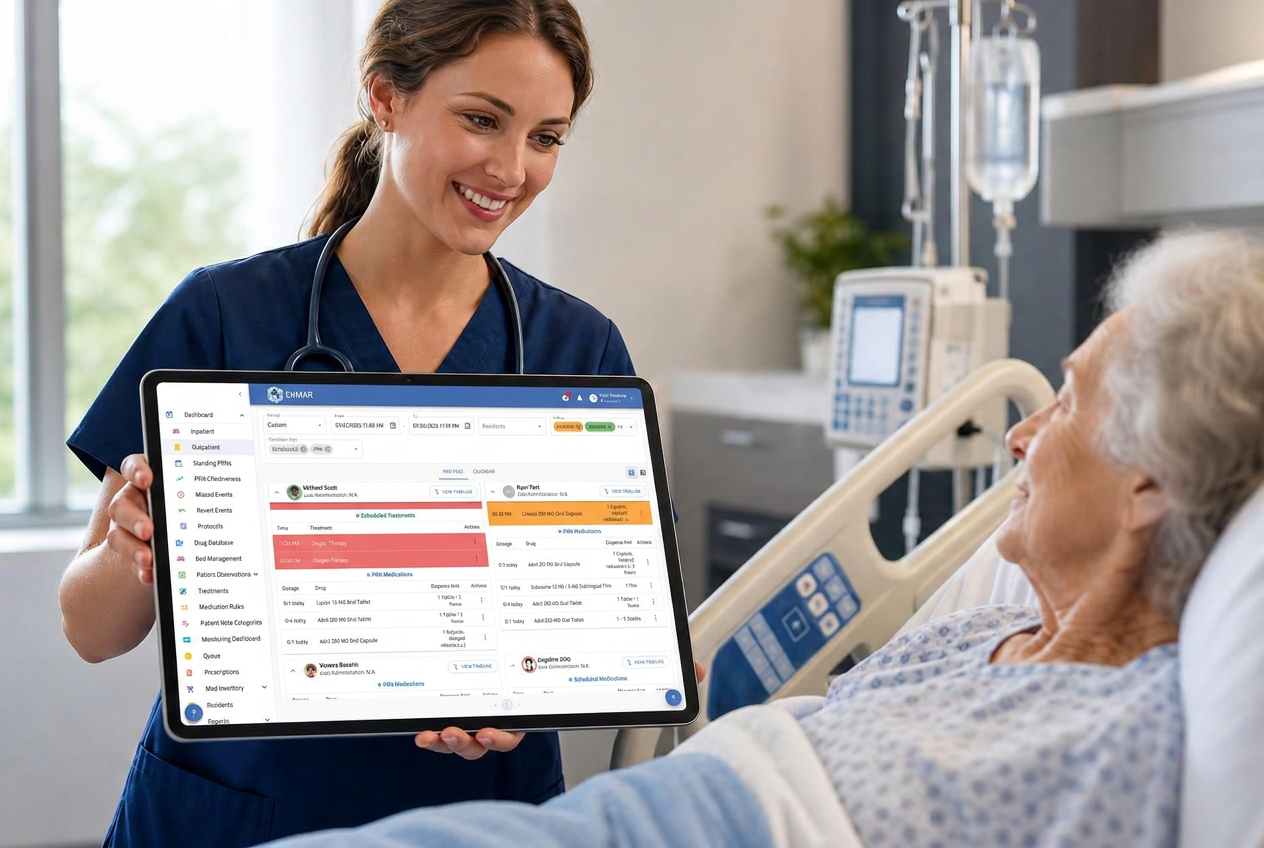 Nurse using the EirSystems medication management platform on a tablet at a patient's bedside